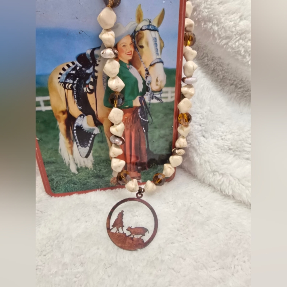 Custom Cream & Brown Stone Beaded Necklace w/ Cutting Horse Western Pendant
